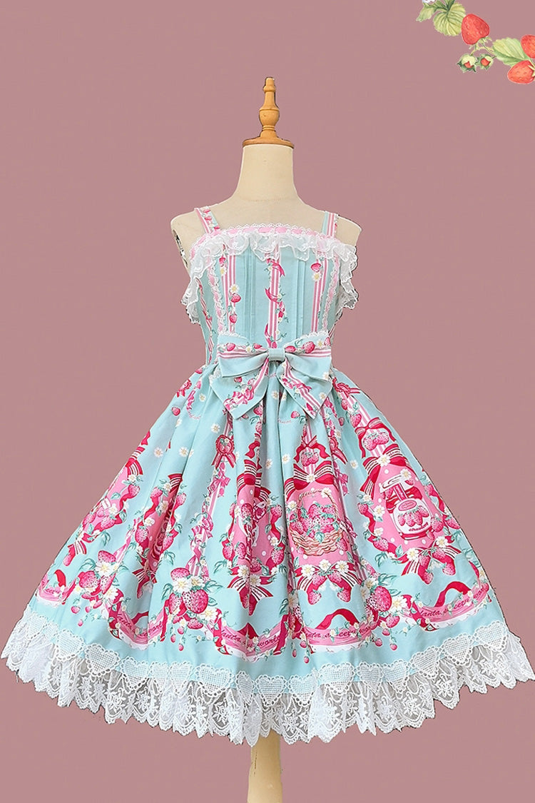 [Strawberry Chef] Sleeveless Print Bowknot Lace Sweet Lolita Jsk Dress 4 Colors - Blue - 15