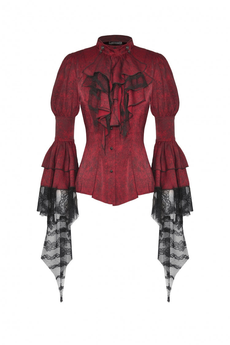 Red Multi-Layered Frilly Lace Long Hime Sleeves Lace-Up Women's Gothic Blouse - Product - 3