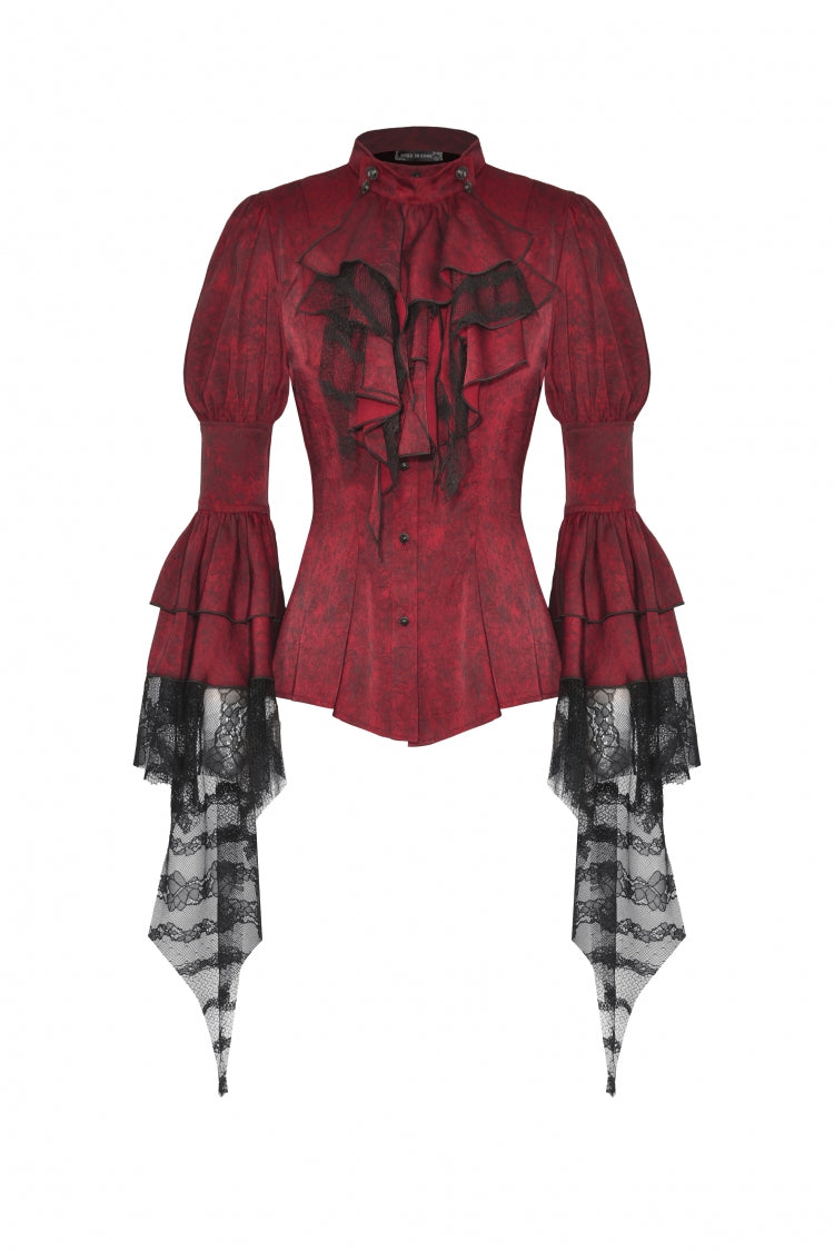 Red Multi-Layered Frilly Lace Long Hime Sleeves Lace-Up Women's Gothic Blouse - Product - 3