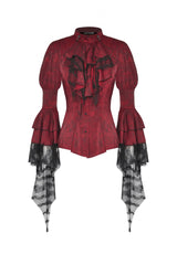Red Multi-Layered Frilly Lace Long Hime Sleeves Lace-Up Women's Gothic Blouse - Product - 3