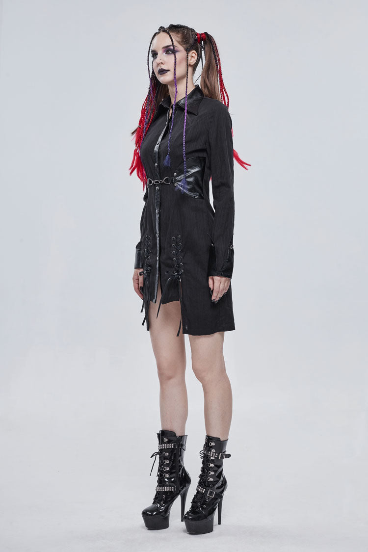 Black Vertical Suture Texture Leather Metal Buckle Design Decoration Long Women's Punk Shirt - Product - 5