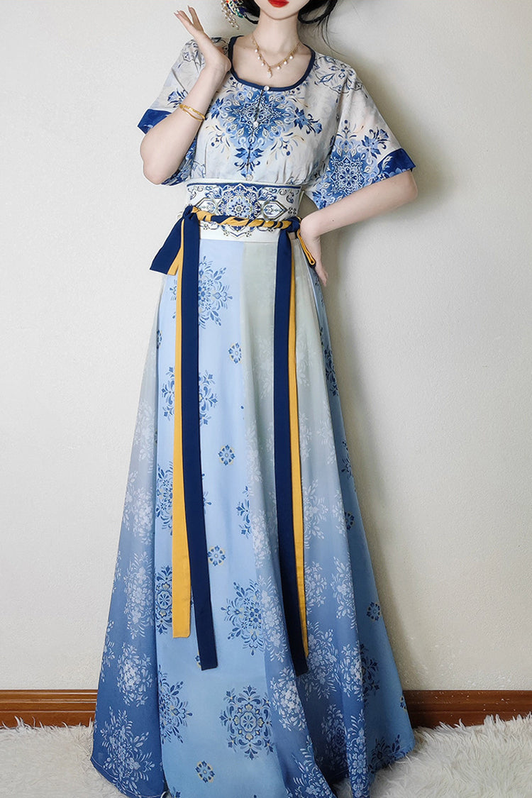 Round Collar High Waisted Print Slim Women's Classic Hanfu Dress Full Set - Product - 5
