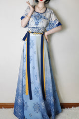 Round Collar High Waisted Print Slim Women's Classic Hanfu Dress Full Set - Product - 5