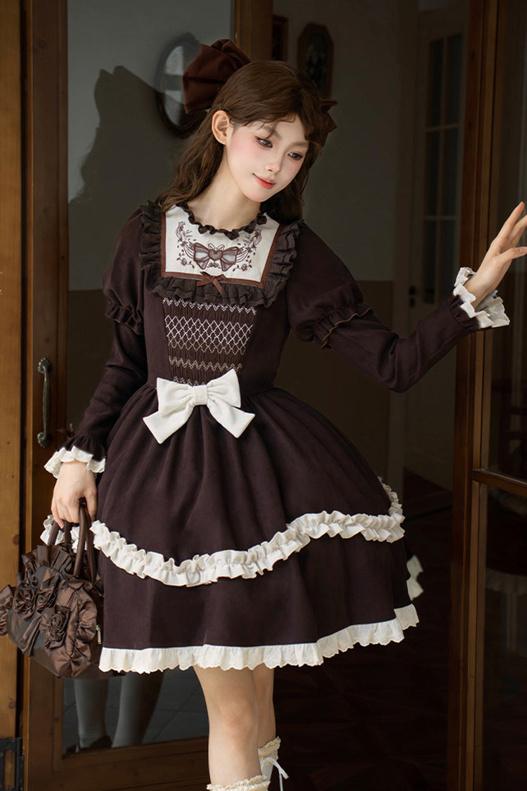 Brown [Miss Brown] Long Sleeves Double-Layered Ruffle Bouquet Embroidery Bowknot Sweet Lolita Dress (Short Version) - Product - 12