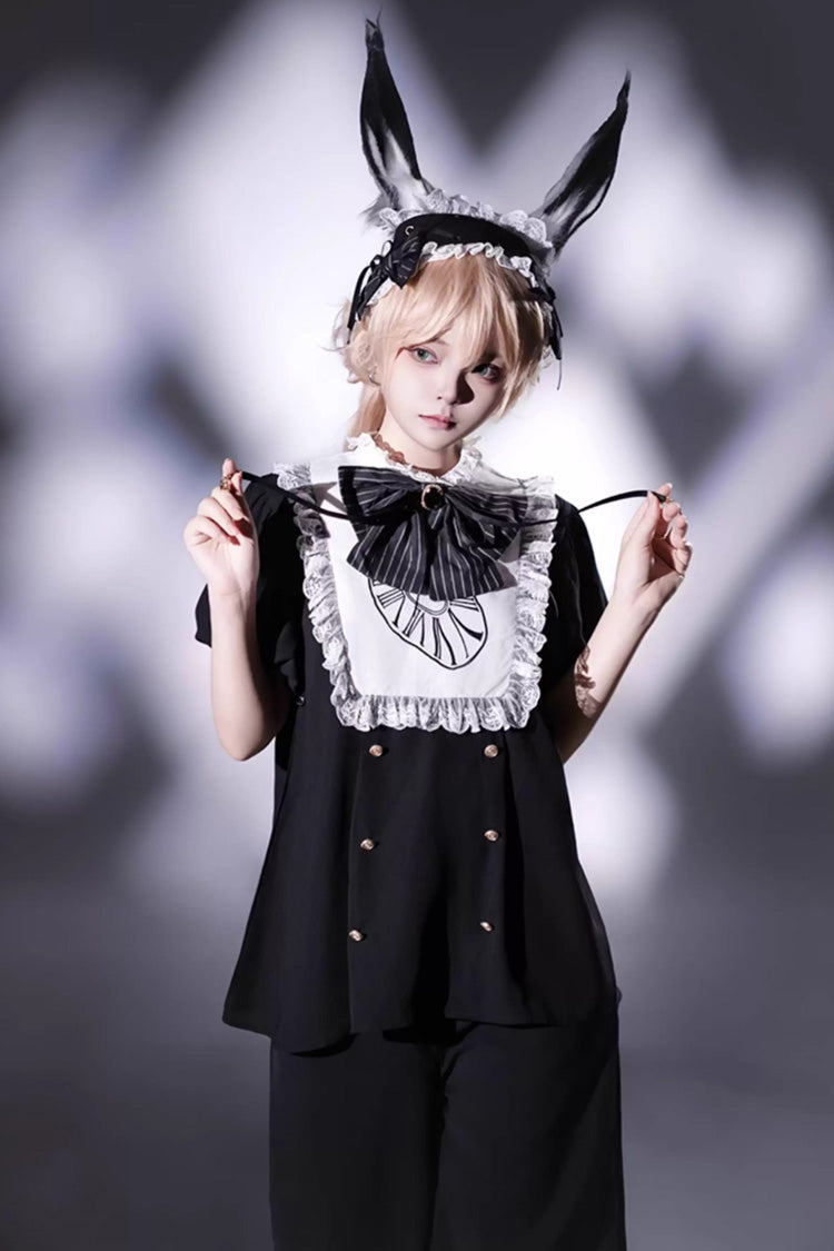 Black/White [Rabbit Hole] Long Sleeves Bow Gothic Prince Ouji Lolita Set - Product - 5