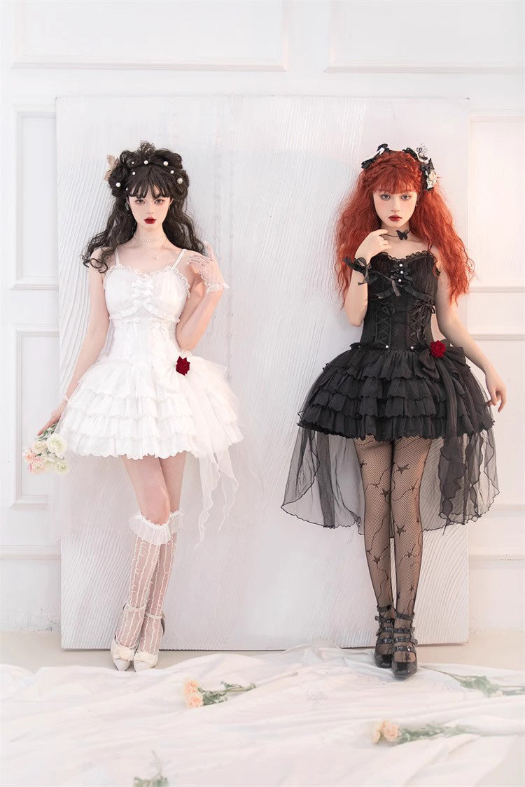 White High Waisted Multi-layer Rose Bowknot Lace-Up Gothic Lolita Jsk Dress - Product - 8