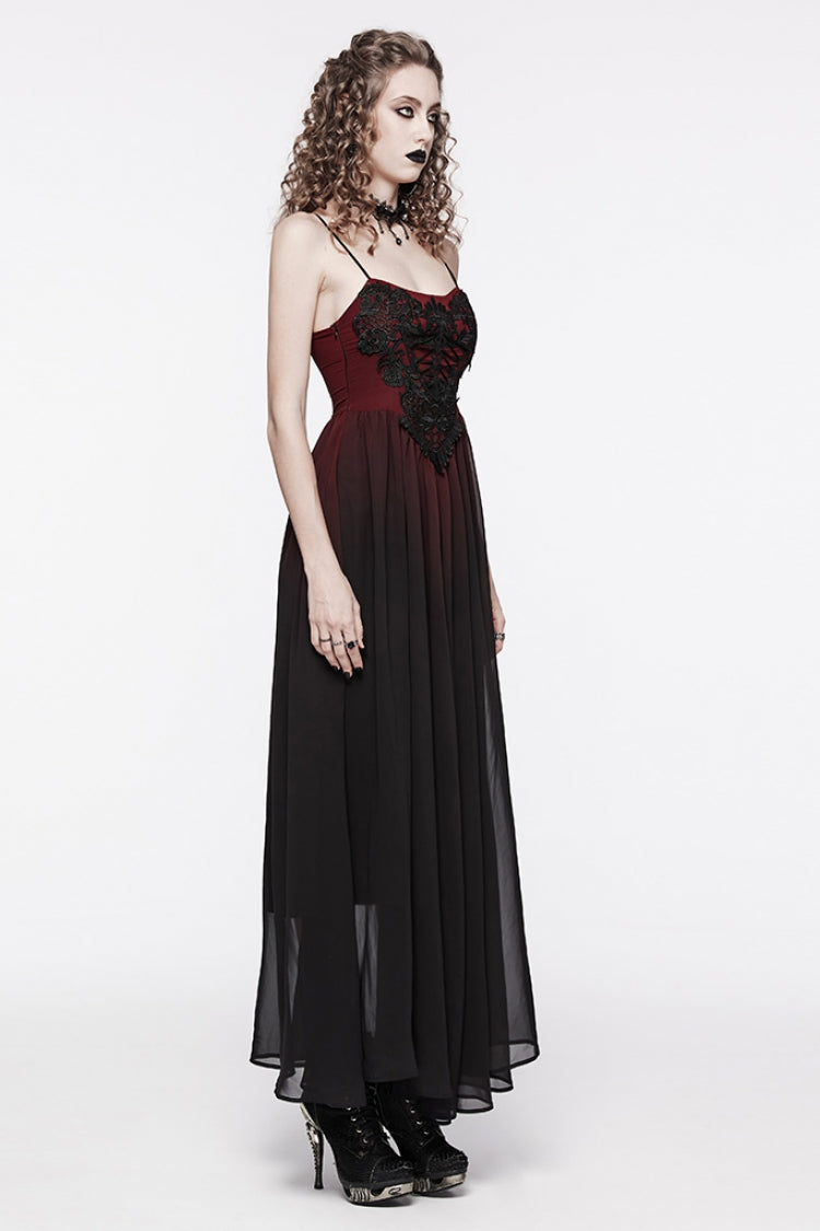 Black/Red Floral Embroidery Lace-Up Women's Gothic Slip Dress - Product - 2