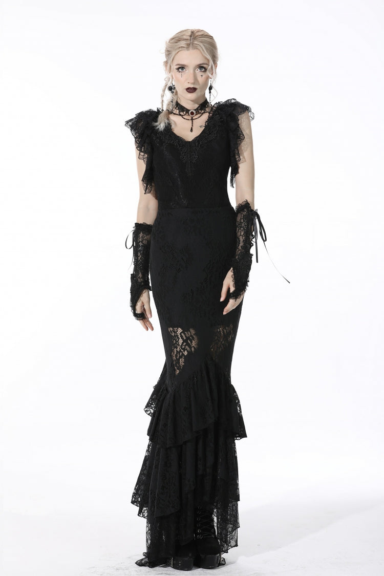 Black Plunging V Collar Short Sleeves Ruffled Lace Sexy Women's Gothic Crop Top - Product - 10