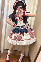 White/Blue/Red [Peach Heart Lilith] Ruffle Bowknot Lace Lace-Up Sweet Lolita Skirt Set - Product - 5