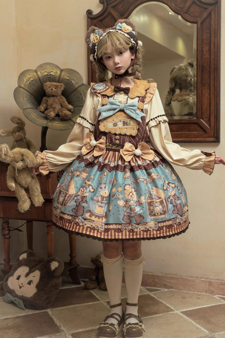 [Bear Cookies] Print Ruffle Bowknot Sweet Lolita Strap Dress 2 Colors - Brown/Green - 1