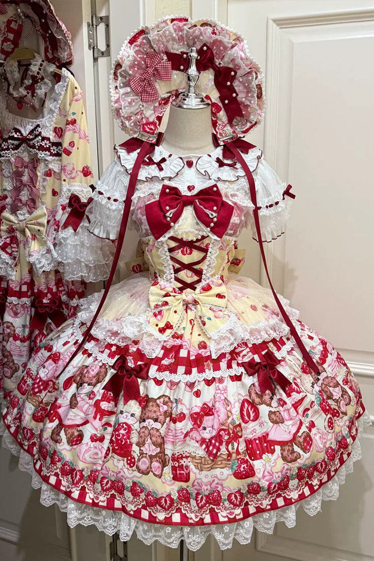 Red/Yellow [Sweet Berry Bunny Bear] Printed Bow Lace Lace-Up Sweet Lolita Jsk Dress - Red/Yellow - 1