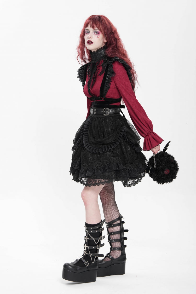 Black Multi-Layered Ruffle Buckle Straps Women's Gothic Skirt - Product - 7
