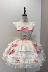 Apricot/Pink [Prelude to Spring Song] Sleeveless Multi-Layered Ruffle Bowknot Lace Sweet Princess Ballet Lolita Jsk Dress - Product - 2