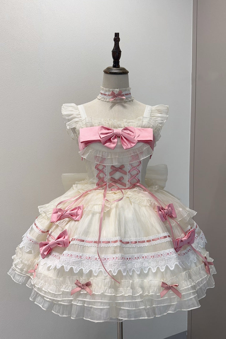 Apricot/Pink [Prelude to Spring Song] Sleeveless Multi-Layered Ruffle Bowknot Lace Sweet Princess Ballet Lolita Jsk Dress - Product - 2
