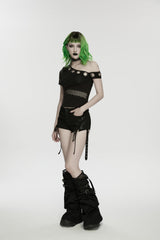Black Off Shoulder Short Sleeves Slim Mesh Asymmetric Eyelet Women's Punk Cool Blouse - Product - 6