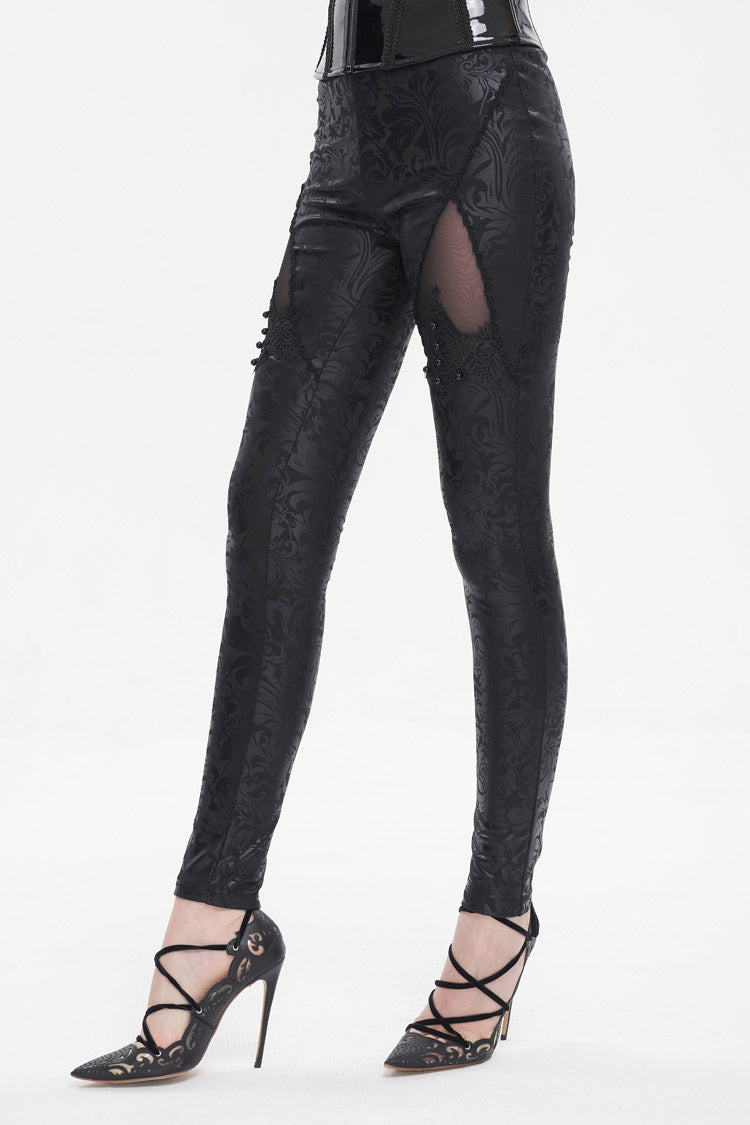 Black Floral Embroidered Mesh Splice Women's Gothic Leggings - Product - 3
