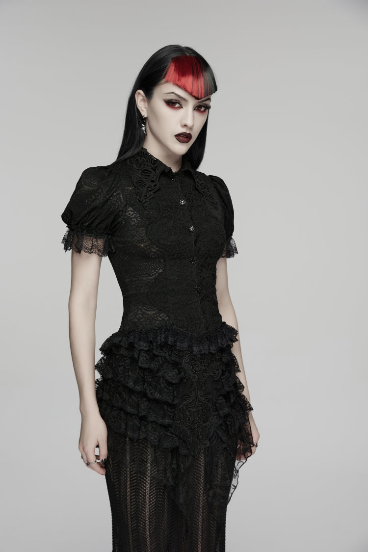 Black Lapel Collar Short Puff Sleeves Cut-Out Lace Lace-Up Slim Women's Gothic Blouse - Product - 9