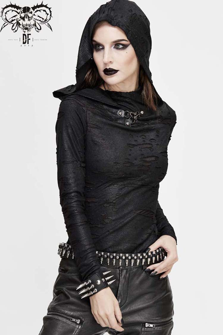 Black Hooded Snakeskin Ripped Pattern Triangle Metal Nail Asymmetrical Women's Punk Shirt - Product - 2