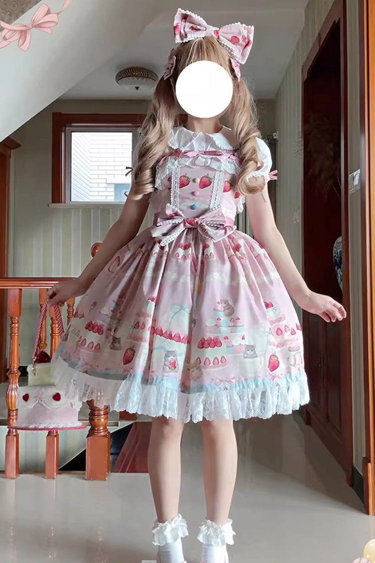 [Little Mouse Strawberry Cake] Sleeveless Printed Ruffled Bow Lace Sweet Lolita Jsk Dress 3 Colors - Product - 3