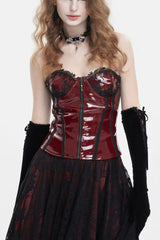 Red Lace Splice Patent Leather Women's Punk Overbust Corset - Red - 1