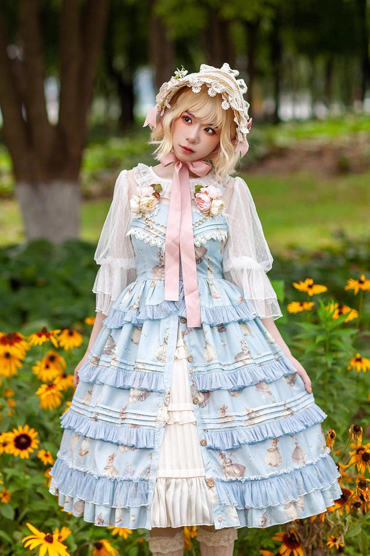 Miss Rabbit Dance Print Multi-layer Ruffle Sweet Elegant Lolita Jsk Dress 4 Colors - Product - 4