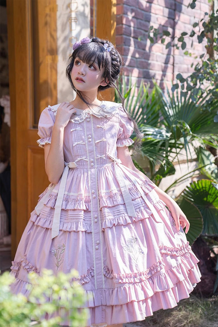 Pink Doll Collar Short Sleeves Iris Poem Print Ruffle Embroidery Sweet Lolita Dress - Product - 4