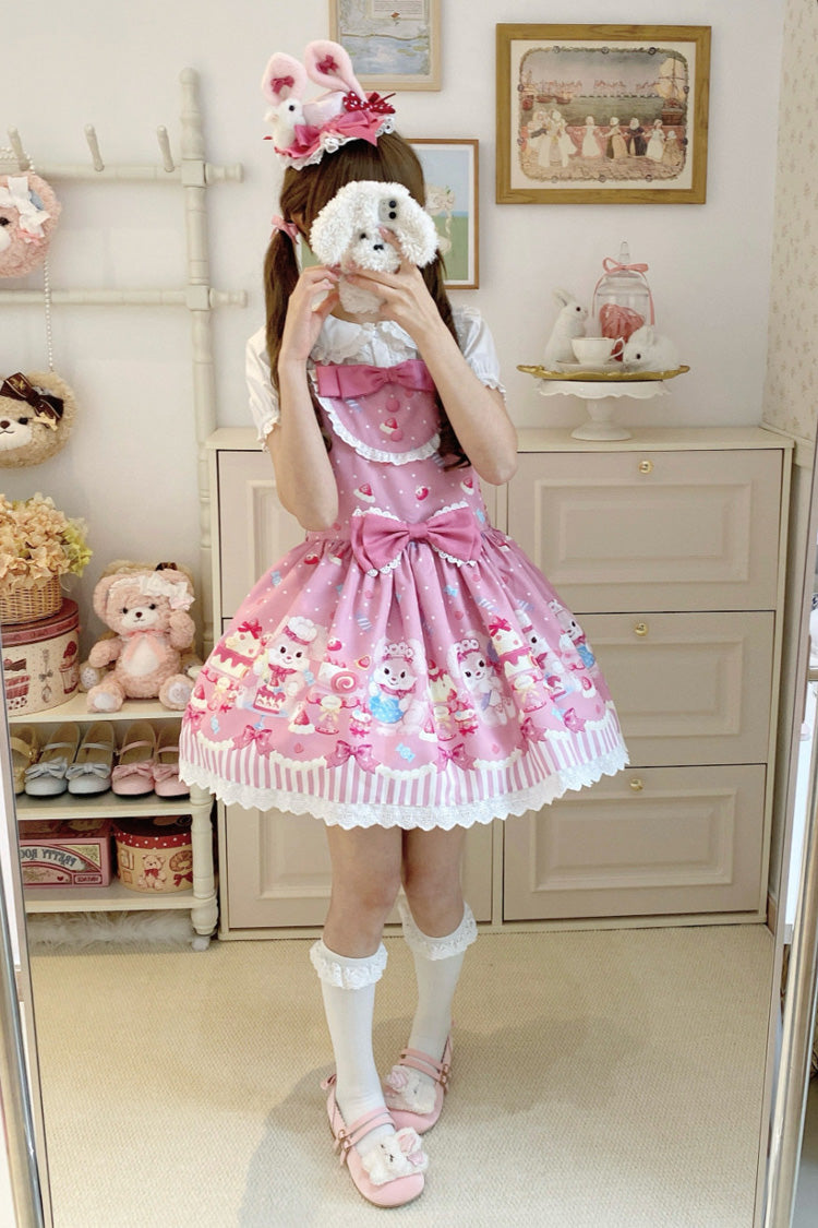Pink [Cupid Bunny] Printed Sleeveless Bow Sweet Princess Lolita Strap Dress - Product - 8
