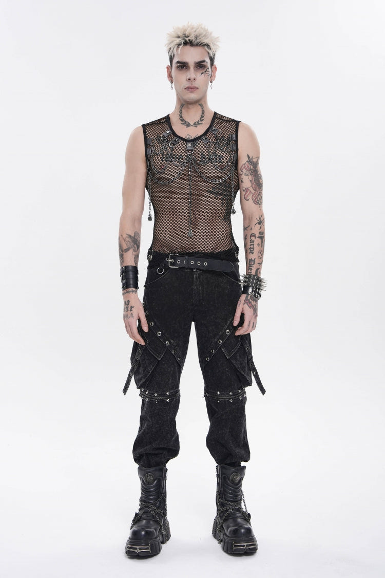 Black Round Collar Sleeveless Slim Sheer Mesh Studded Eyelet Men's Punk Handsome Vest - Product - 2