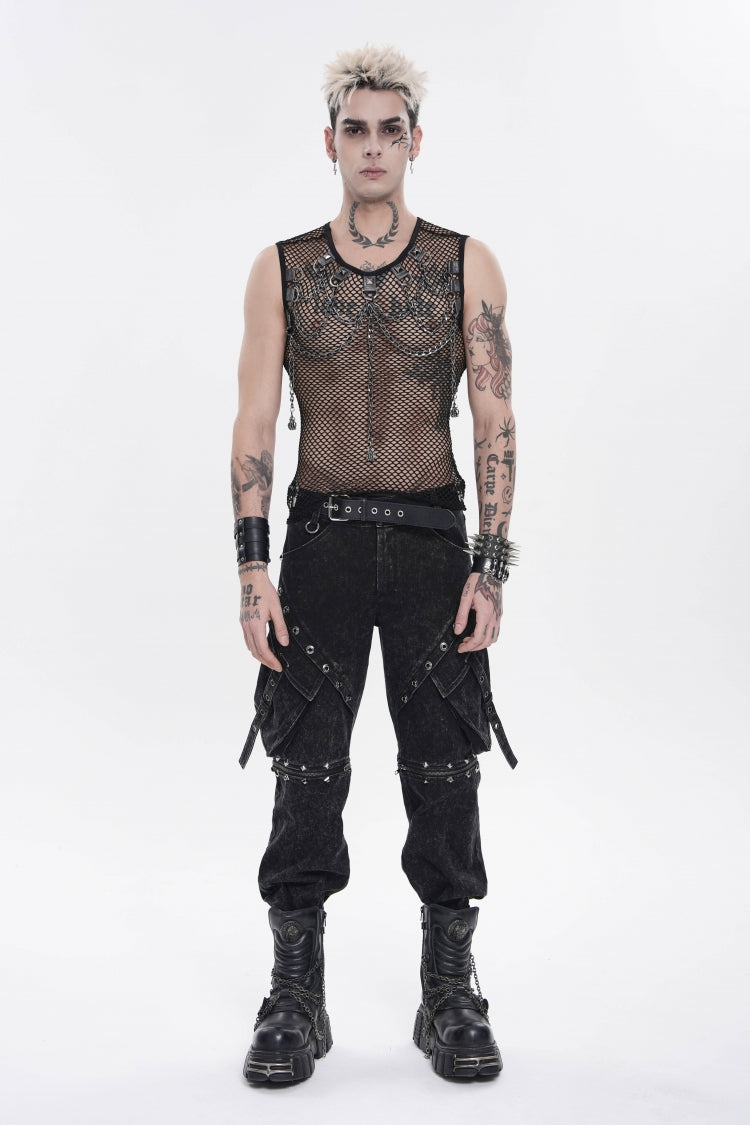 Black Round Collar Sleeveless Slim Sheer Mesh Studded Eyelet Men's Punk Handsome Vest - Product - 2