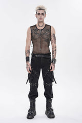 Black Round Collar Sleeveless Slim Sheer Mesh Studded Eyelet Men's Punk Handsome Vest - Product - 2