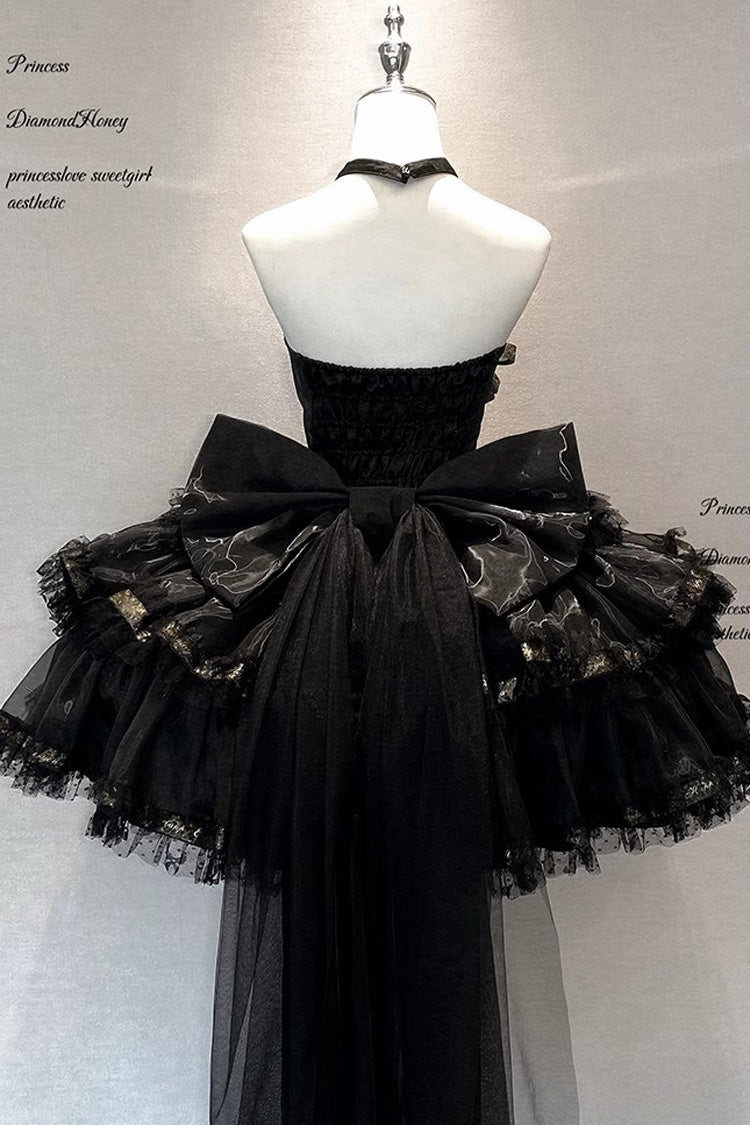 Black [First Kiss] Halterneck Triple-Layered Ruffle Lace Hot Stamping Gothic Princess Lolita Dress - Product - 10