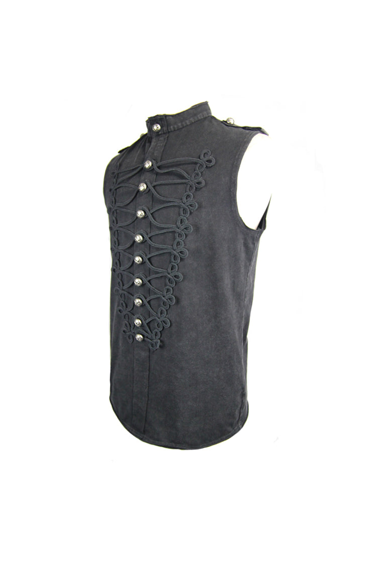 Black Military Uniform Style Chest Chinese Frog Button Sleeveless Men's Punk T-Shirt - Product - 6