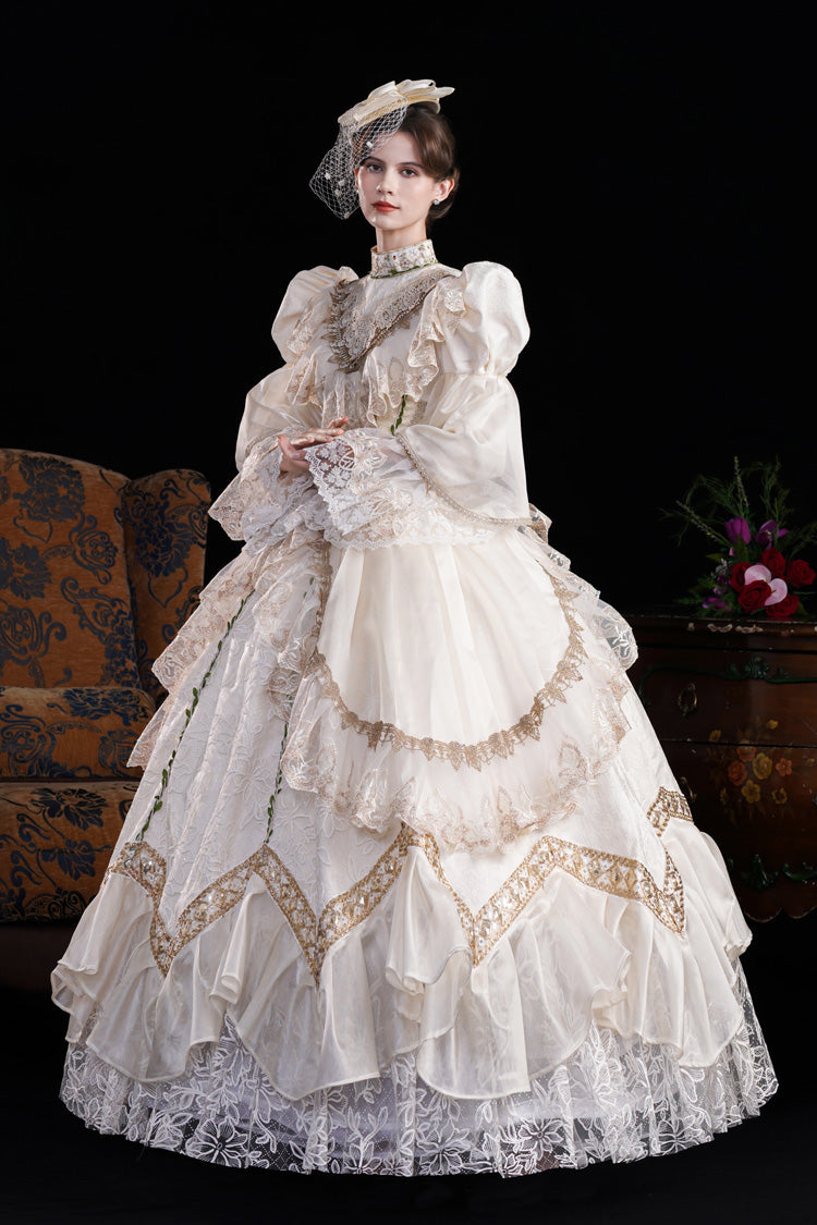 Champagne Stand Collar Long Sleeves Jacquard Wedding Style Open-Front Lace Sweet Princess Royal Lolita Victorian Dress - Product - 6