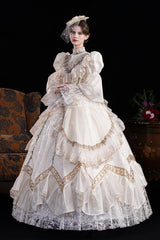 Champagne Stand Collar Long Sleeves Jacquard Wedding Style Open-Front Lace Sweet Princess Royal Lolita Victorian Dress - Product - 6