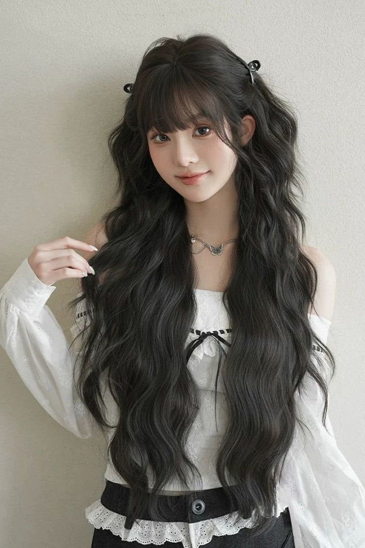 Black Brown Fluffy Natural Water Wave Curly Sweet Daily Lolita Long Wig - Product - 2