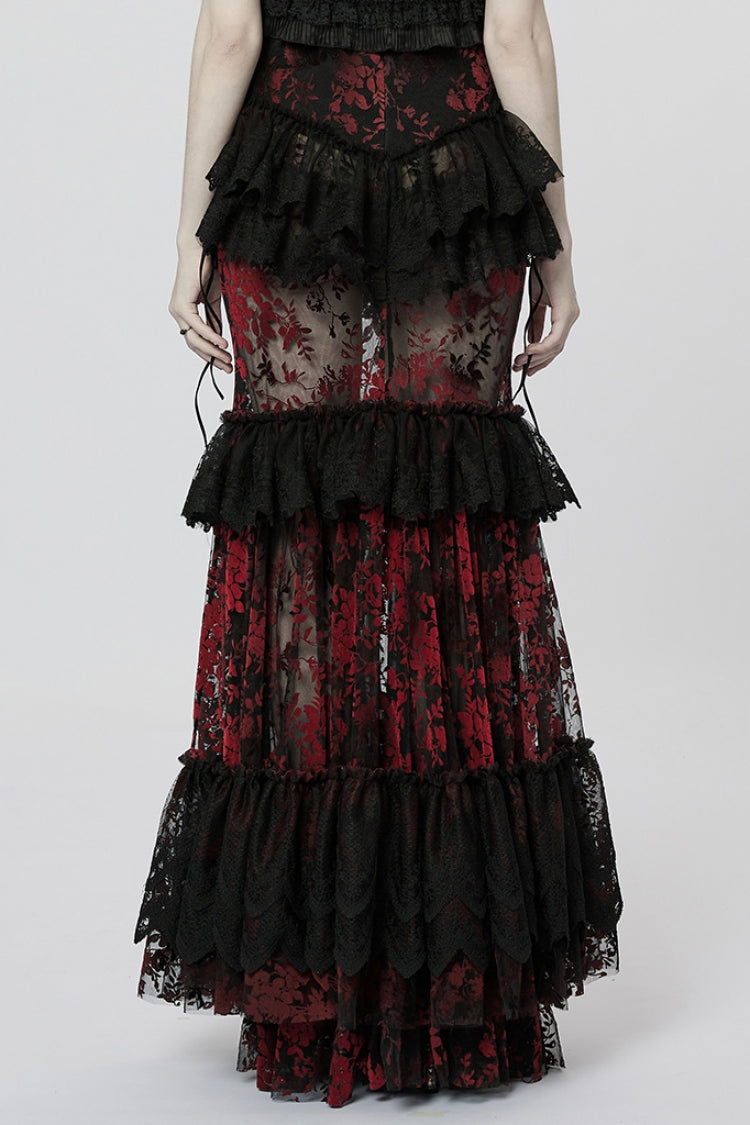 Black/Red Layered Ruffle Hollow Lace Women's Gothic Skirt - Product - 3