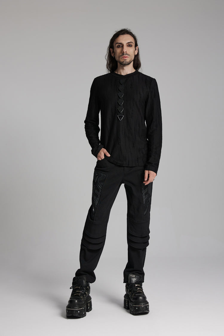 Black Round Collar Long Sleeves Triangle Buckle Men's Punk T-Shirt - Product - 6