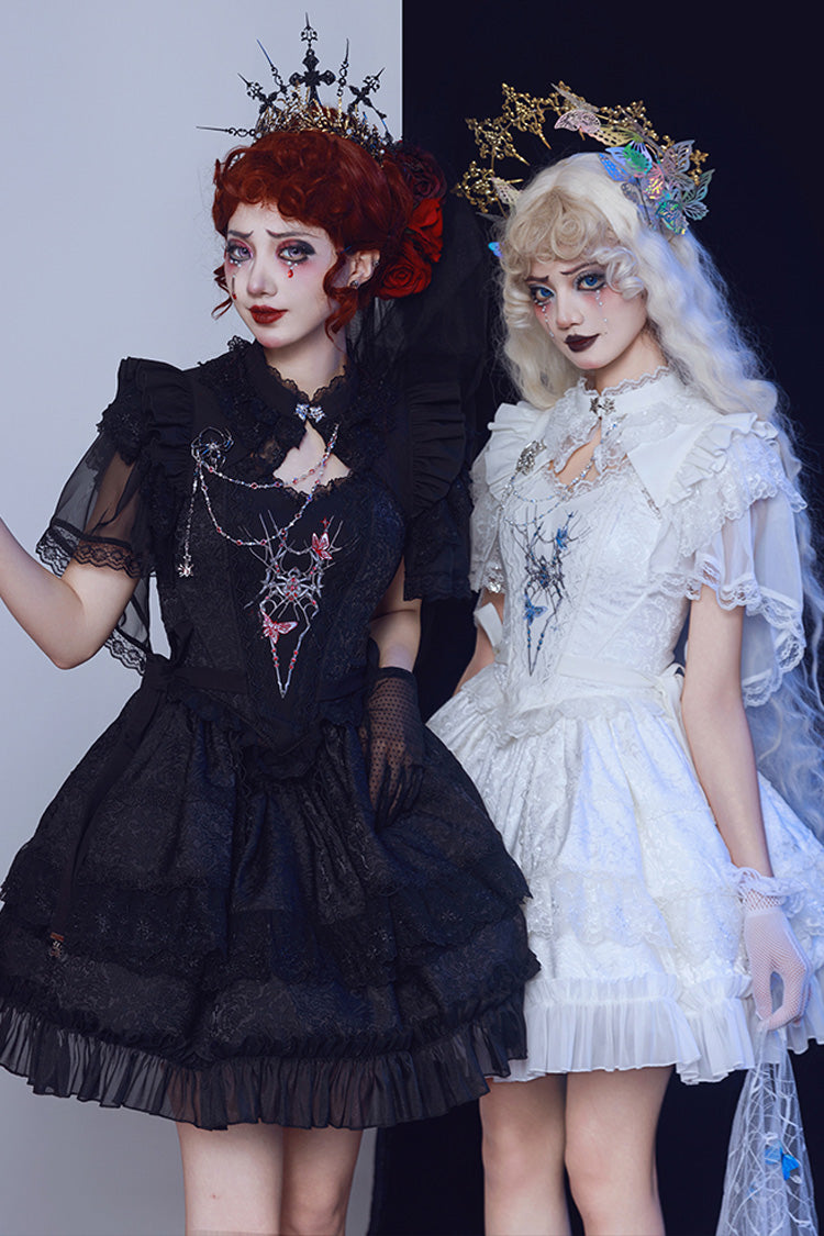 Black Sleeveless Spider Embroidery Bowknot Lace Gothic Princess Lolita Skirt Two-piece Set - Black - 1