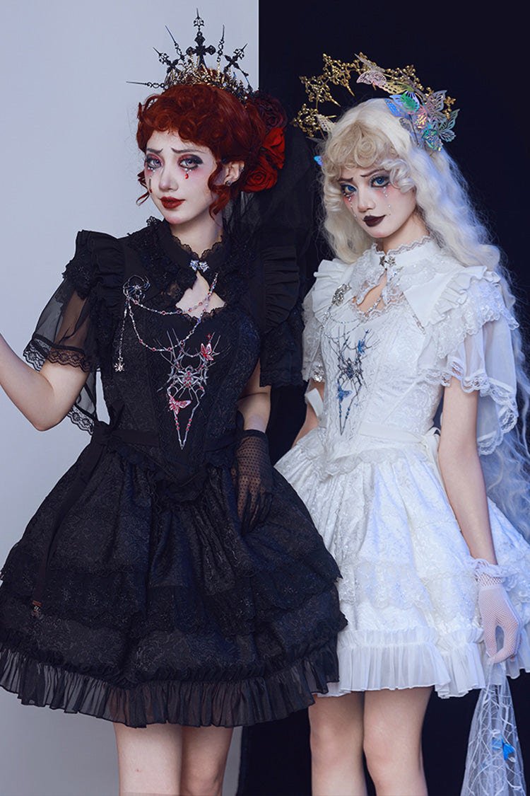 White Sleeveless Spider Embroidery Bowknot Lace Gothic Princess Lolita Skirt Two-piece Set - Product - 2