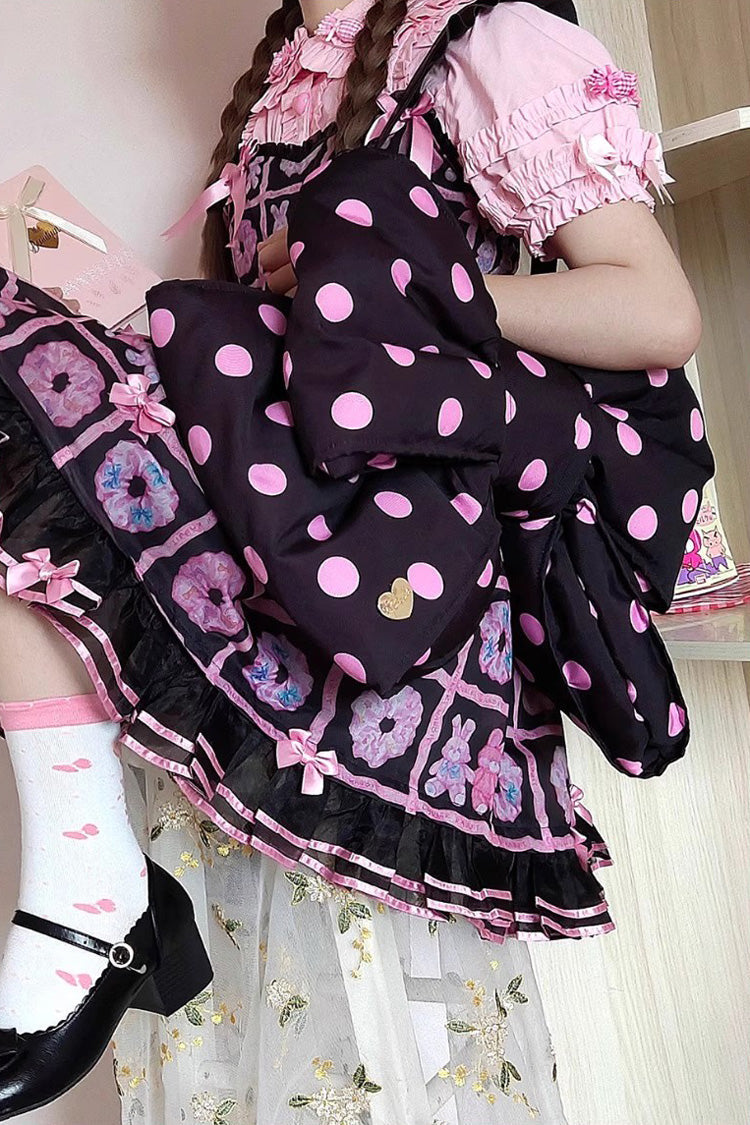 Black/Pink Polka Dot Print Bowknot Shaped Sweet Lolita Backpack - Product - 2
