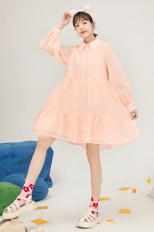 Orange Polo Neck Organza Puff Sleeve Single Breasted Sweet Lolita OP Dress - Product - 3