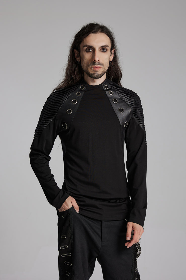 Black Round Collar Long Sleeves Mesh Pleated Loop Men's Punk Blouse - Black - 1