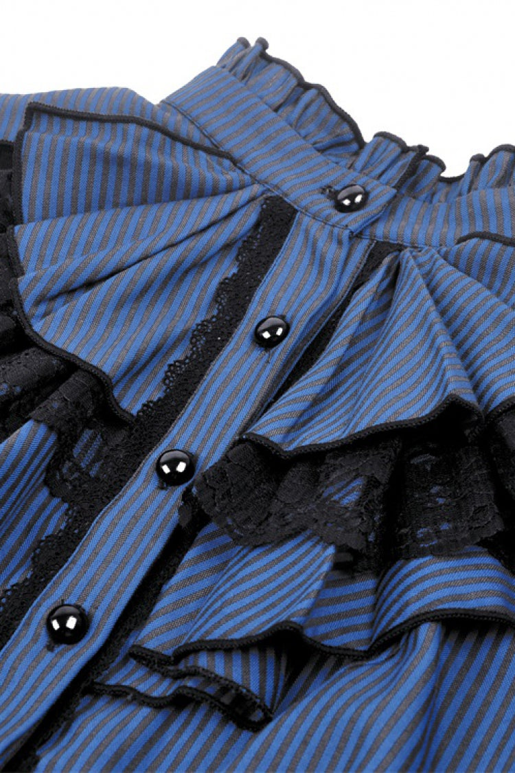 Blue/Black Striped Bow Ruffled Stand Collar Lace Jabot Short Puff Sleeves Front Button‑Up Women's Gothic Blouse - Product - 12