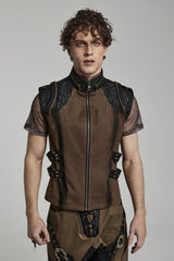 Brown Stand Collar Side Waist Webbing Decorative Stitching Mens Steampunk Vest - Brown - 1