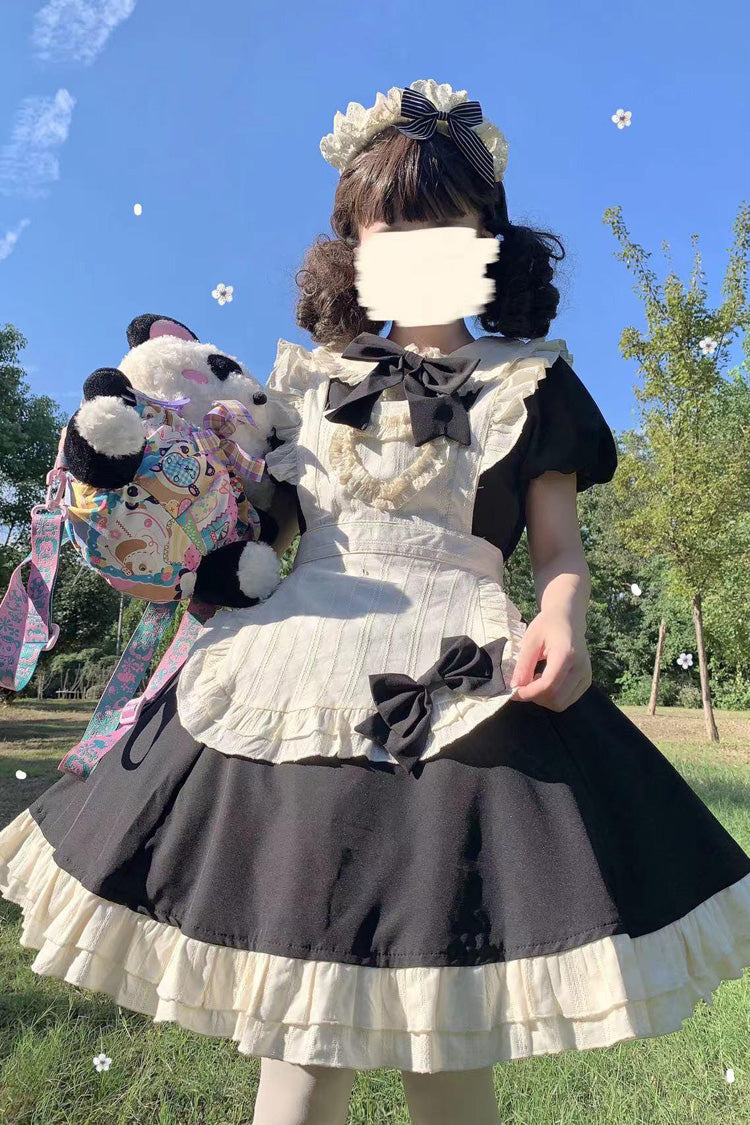 Black/White Maid Long Sleeves Ruffle Bowknot Stitching Sweet Short Lolita Dress - Product - 4