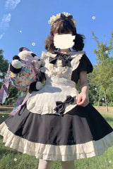 Black/White Maid Long Sleeves Ruffle Bowknot Stitching Sweet Short Lolita Dress - Product - 4