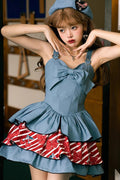 Blue Cherry Sleeveless Triple-Layered Print Ruffle Bowknot Denim Sweet Japanese Vintage (Dress Only) front view