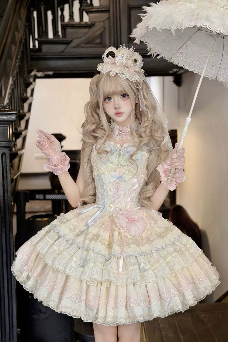 Apricot/Pink [Cloudwhale Dreamweaver] Square Collar Multi-Layered Ruffled Bow Lace Sweet Lolita Jsk Dress - Product - 7