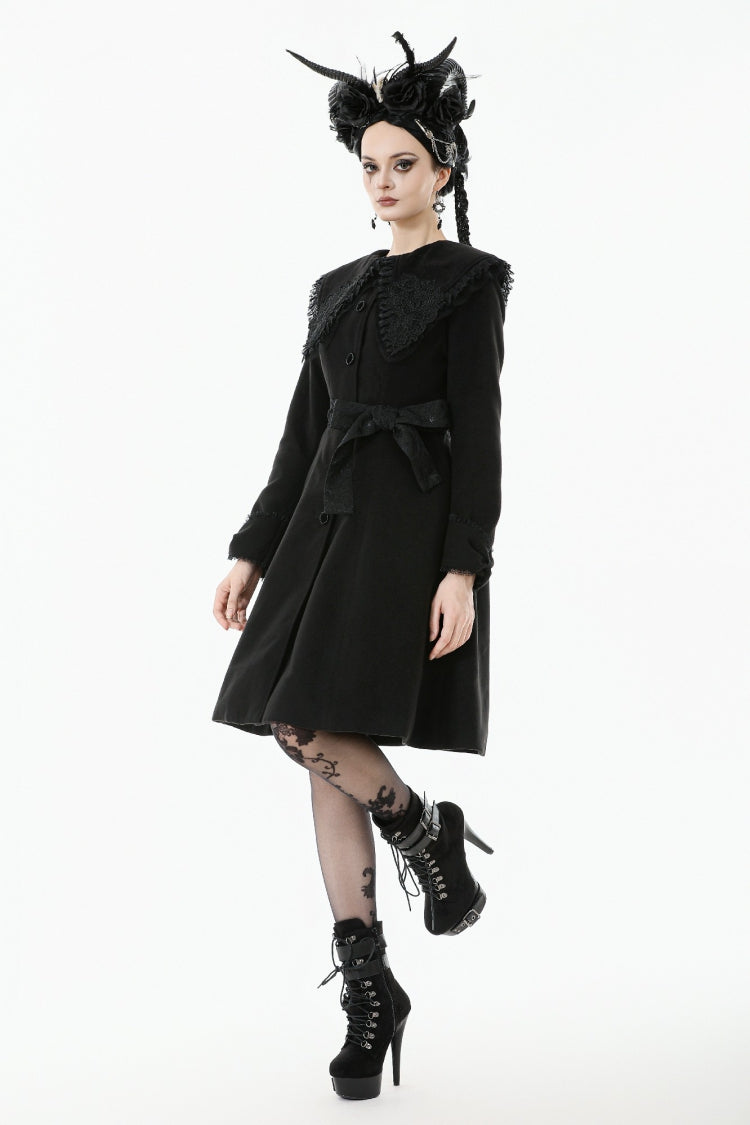 Black Floral Embroidered Peter Pan Collar Long Sleeves Bowknot Women's Gothic Coat - Product - 2