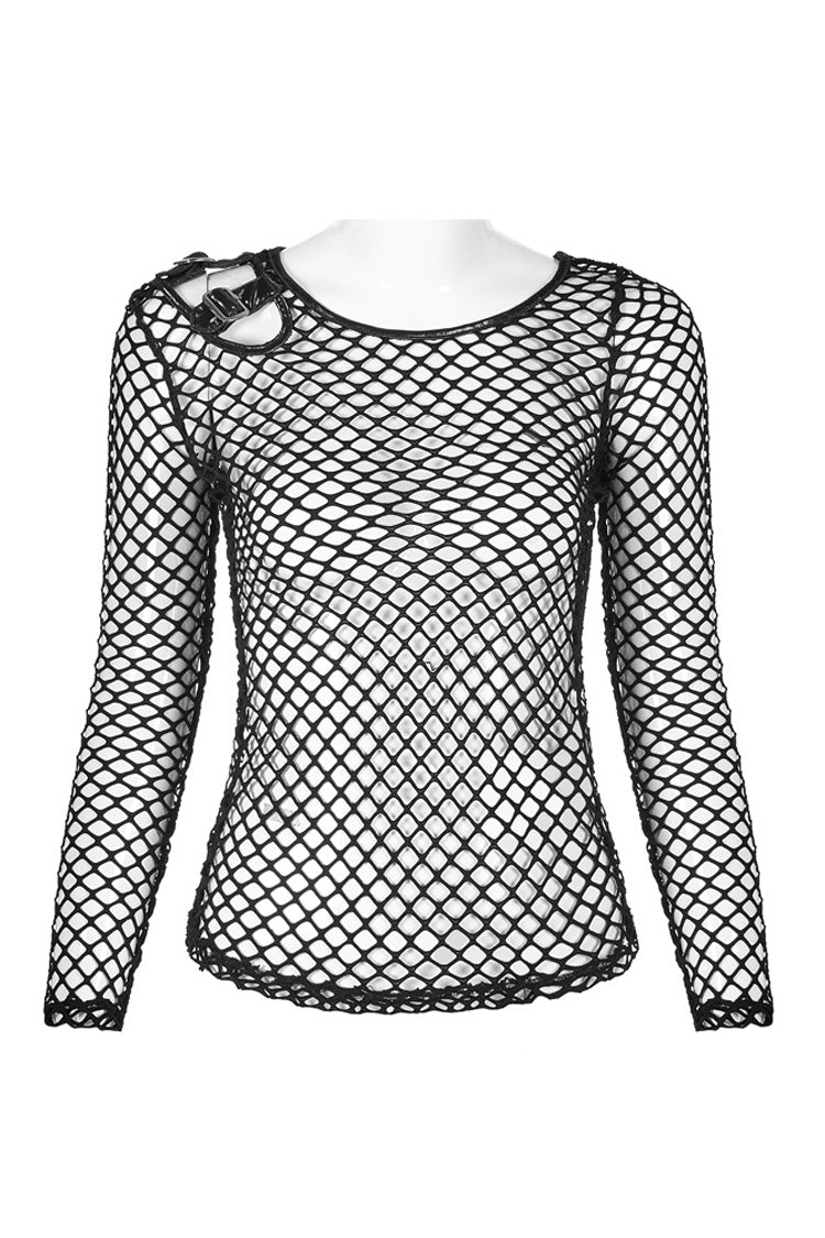 Black Long Sleeve Round Collar Shoulder Hollow Out Leather Hasp Coarse Mesh Women's Punk T-Shirt - Product - 4